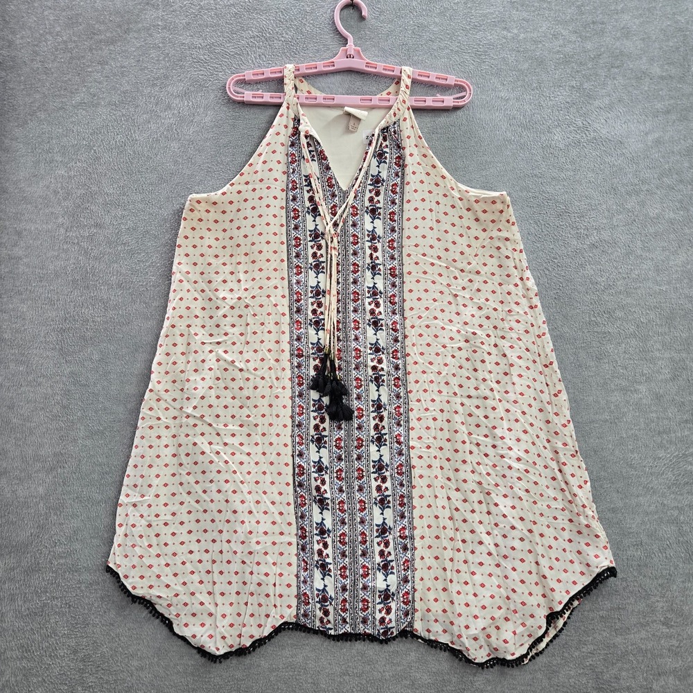 Knox Rose Women Tunic‎ L Beige Boho Floral Crew Neck Pullover